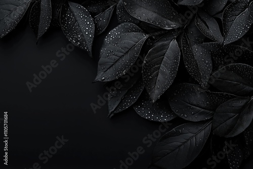 A close-up view of dark leaves adorned with raindrops, capturing nature's beauty.