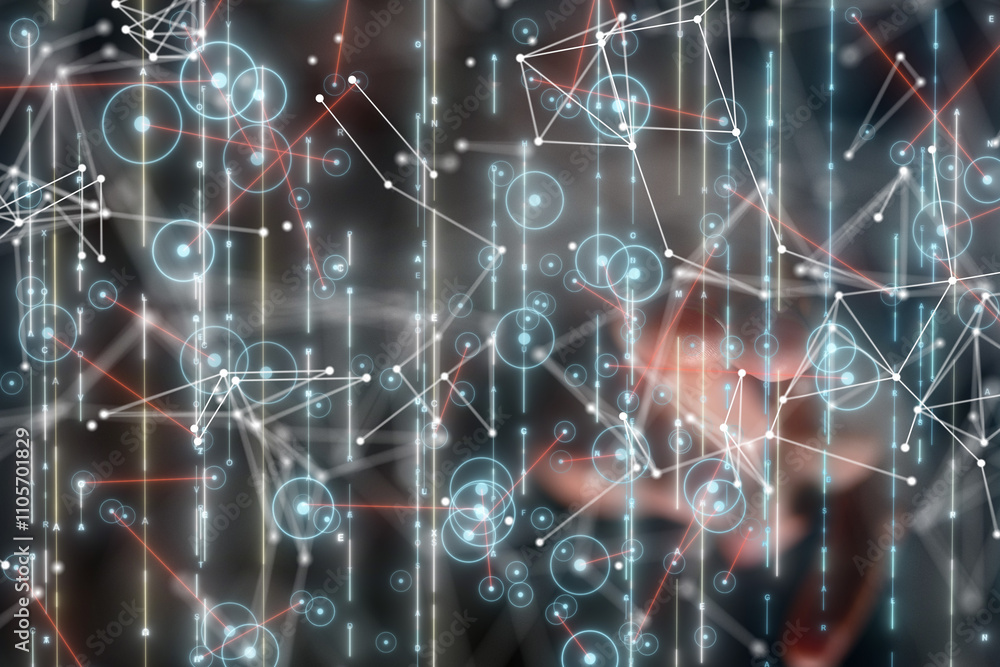 Obraz premium Neural network 3D illustration. Big data and cybersecurity