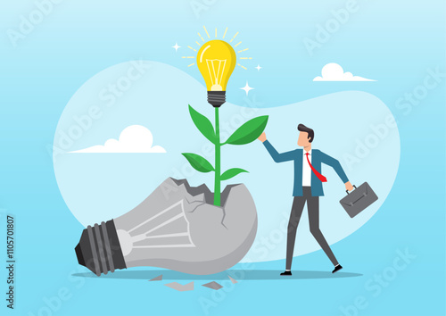 Cheerful businessman look at seedling bright lightbulb idea plant grow from broken one