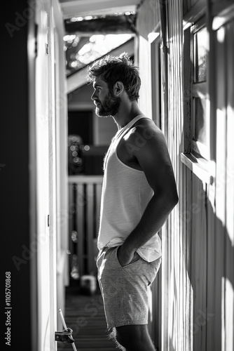 A contemplative man stands in a softly lit hallway, suggesting introspection and quiet reflection.