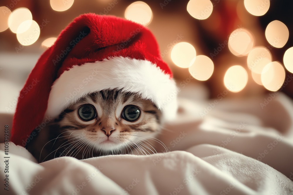 A charming tabby kitten wearing a Santa hat sits adorably on a soft white blanket amidst soft lights. A charming tabby kitten wearing a Santa hat sits adorably on a soft white blanket amidst soft lights.
