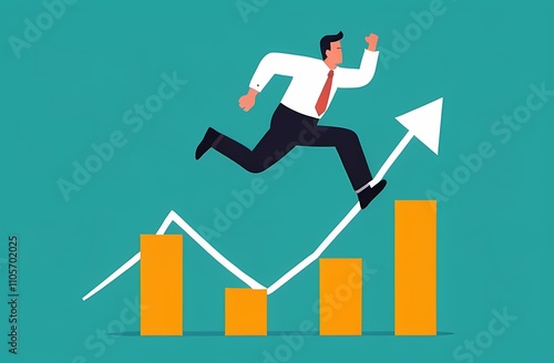  Business challenge, revenue rebound and recover from economic crisis or earning and profit growth jump from bottom concept, strong businessman jumping from trampoline back to top of growing bar graph