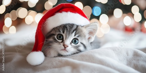 A sleepy tabby kitten dons a Santa hat, nestled on a soft blanket, glowing Christmas lights in the background. photo