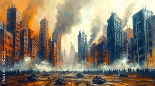 Futuristic Cityscape Enveloped in Chaos and Destruction During Urban Crisis