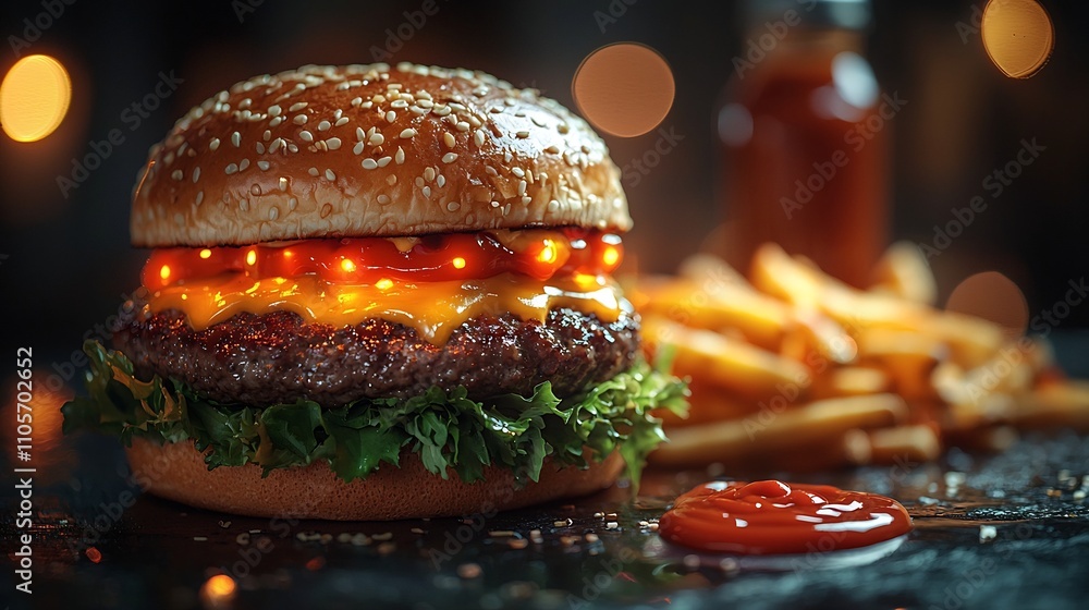 Neon Glowing Burger and Fries Levitating with Ketchup and Mustard Bottles on Black Background Junk Food Concept Neon Glowing Burger and Fries Levitating with Ketchup and Mustard Bottles on Black Background Junk Food Concept