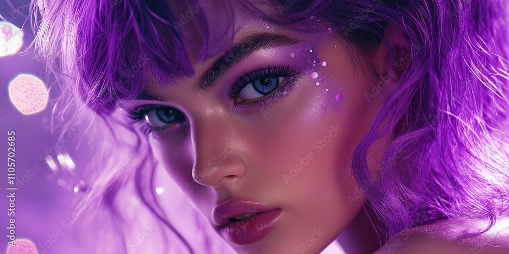A stunning beauty shot showcasing a model with purple hair. A stunning beauty shot showcasing a model with purple hair.