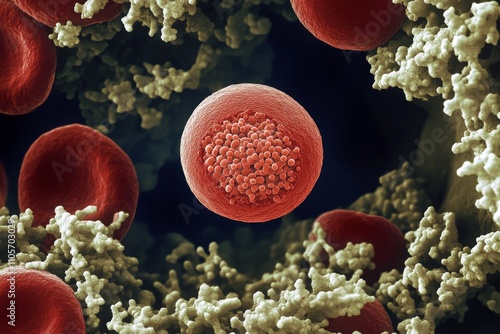 High-resolution image depicts immune cells interacting within the bloodstream, showcasing cellular-level interactions with blood cells and microbial structures. photo