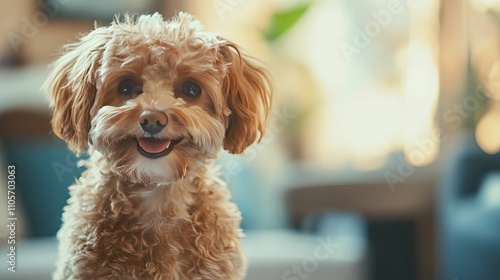 Adorable Fluffy Brown Dog Sitting Indoors Smiling