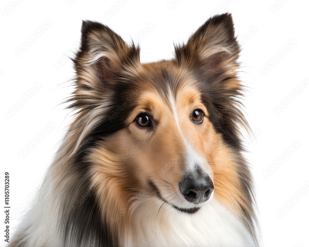 Collie Dog portrait looking at camera isolated on white background. Collie Dog headshot on white background Collie Dog portrait looking at camera isolated on white background. Collie Dog headshot on white background
