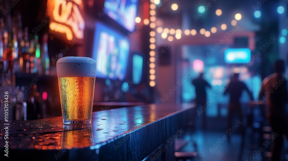 Vibrant nightlife bar scene with beer on counter in cozy atmosphere. Vibrant nightlife bar scene with beer on counter in cozy atmosphere.