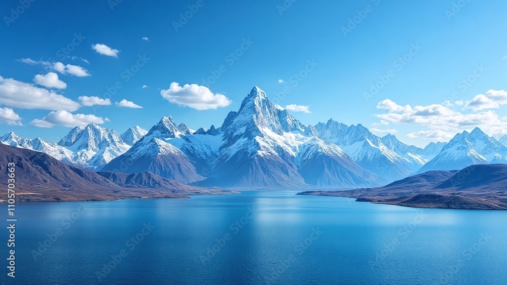 Majestic mountain range snow-capped peaks tranquil lake Majestic mountain range snow-capped peaks tranquil lake