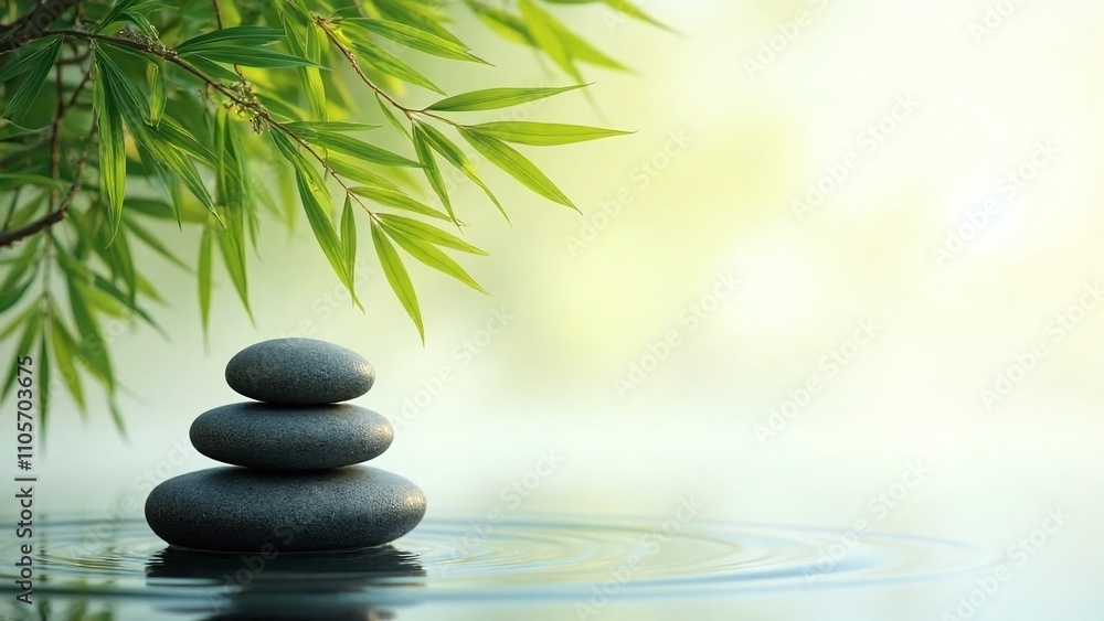 Minimalist arrangement dark gray stones bamboo leaves water Minimalist arrangement dark gray stones bamboo leaves water
