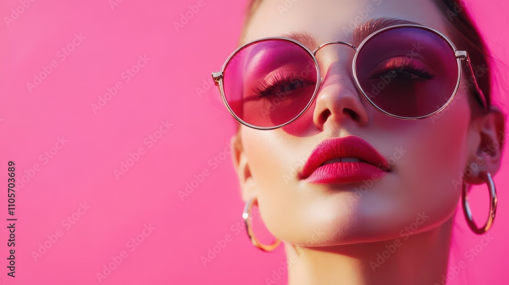 Trendy Fashion Model with Sunglasses Against Pink Background Trendy Fashion Model with Sunglasses Against Pink Background