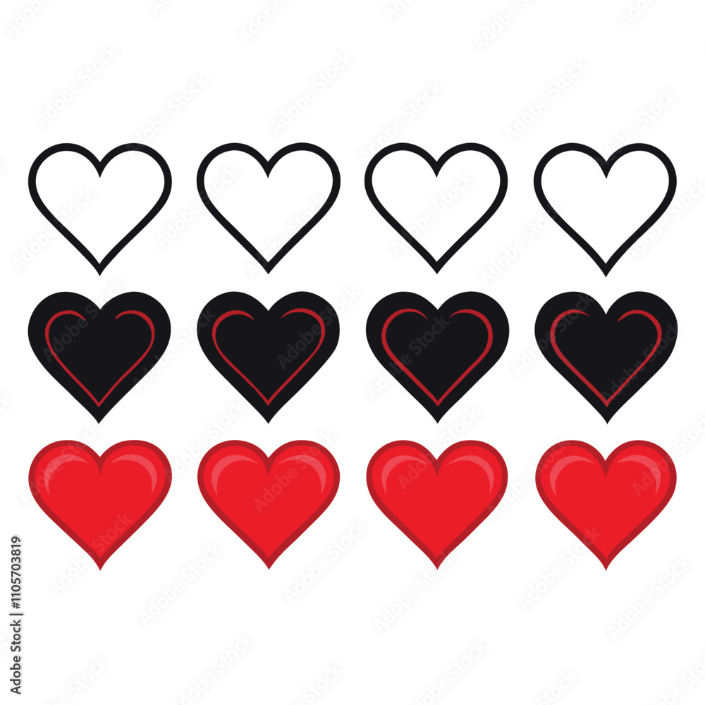 A collection of hearts in various sizes and colors are arranged in a row. Some hearts are larger and more prominent, while others are smaller and more subtle. The colors of the hearts vary A collection of hearts in various sizes and colors are arranged in a row. Some hearts are larger and more prominent, while others are smaller and more subtle. The colors of the hearts vary