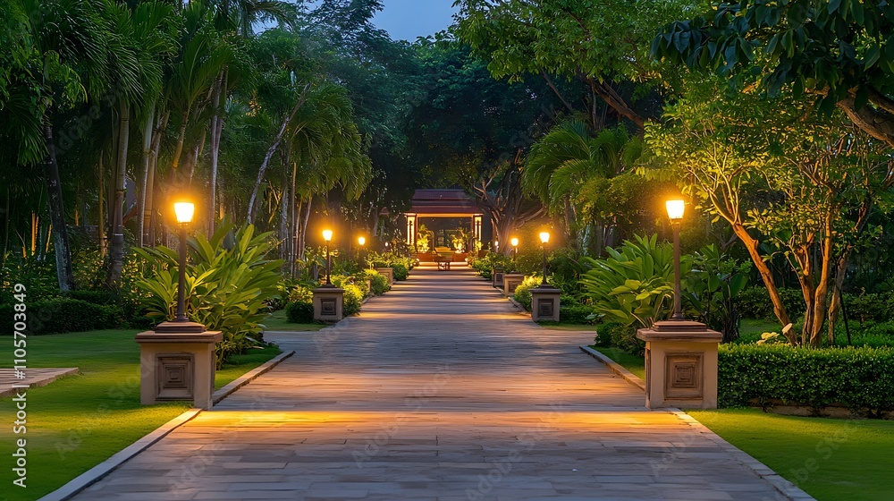 Fototapeta premium 緑豊かな石畳の道と美しい庭園