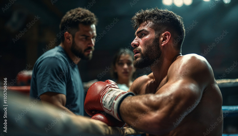 A boxer leans against the ropes in the ring, catching their breath between rounds, surrounded by their coach and team, offering support and encouragement in a tense, high-energy moment. A boxer leans against the ropes in the ring, catching their breath between rounds, surrounded by their coach and team, offering support and encouragement in a tense, high-energy moment.