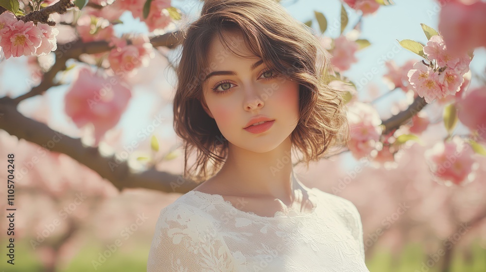 Beautiful woman with short curly hair in a blossoming spring garden. Beautiful woman with short curly hair in a blossoming spring garden.