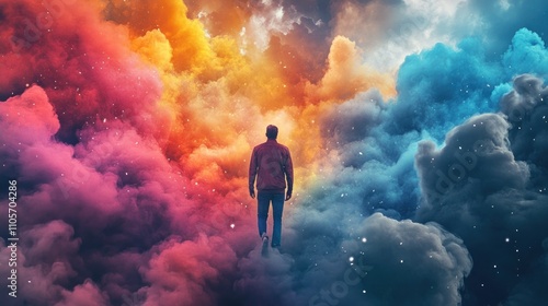 Man walking on colorful cloudscape, surreal dreamlike scene.