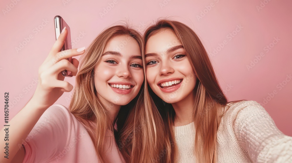 Happy Friends Taking a Selfie Against a Pink Background Happy Friends Taking a Selfie Against a Pink Background