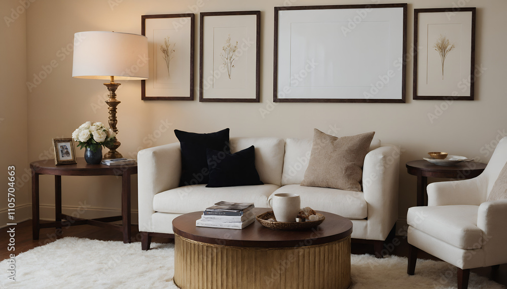 A modern living room with a sofa against a soft colour wall featuring vertical poster frames in wooden frame borders 3d illustration template A modern living room with a sofa against a soft colour wall featuring vertical poster frames in wooden frame borders 3d illustration template