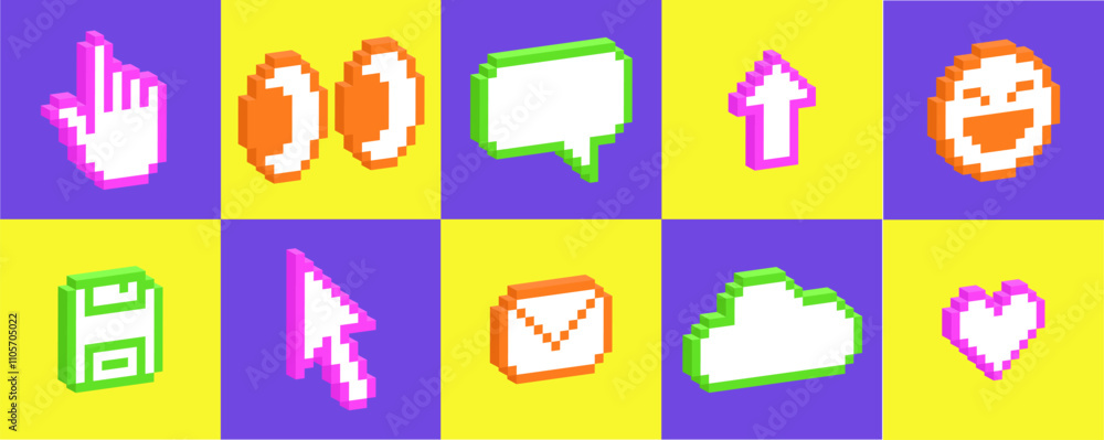 Set of 3d pixel art icons of emoji, arrow, cloud, eye, heart, email. Pack of pixelated emoji icons. 8-bit retro vector illustration of emoticons. Set of 3d pixel art icons of emoji, arrow, cloud, eye, heart, email. Pack of pixelated emoji icons. 8-bit retro vector illustration of emoticons.