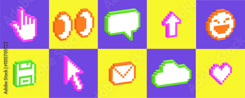 Set of 3d pixel art icons of emoji, arrow, cloud, eye, heart, email. Pack of pixelated emoji icons. 8-bit retro vector illustration of emoticons.