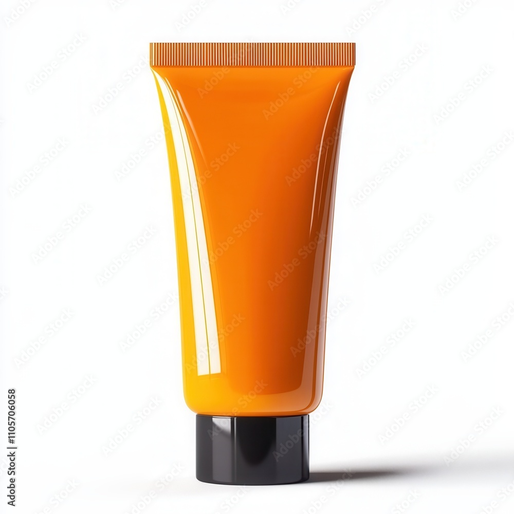 Bright orange cosmetic tube on white background, minimalist packaging. Bright orange cosmetic tube on white background, minimalist packaging.