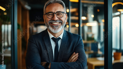 Smiling middle-aged man with glasses and a gray beard wearing a suit in a modern office environment.