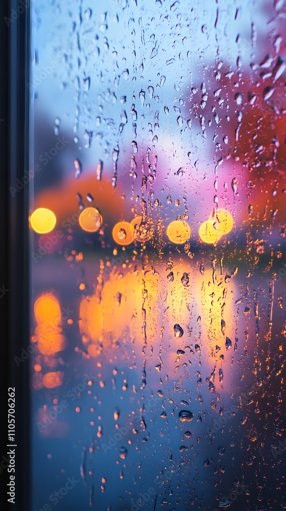 Rain Drops on Window at Night with City Lights Rain Drops on Window at Night with City Lights