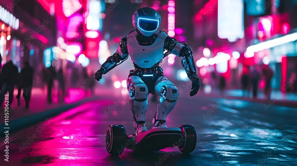 19. A futuristic robot with LED accents riding a hoverboard in a neon ...