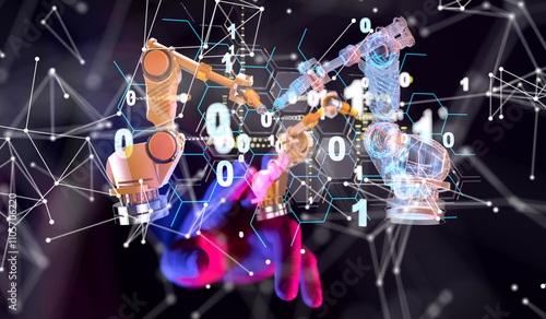 Neural network 3D illustration. Big data and cybersecurity