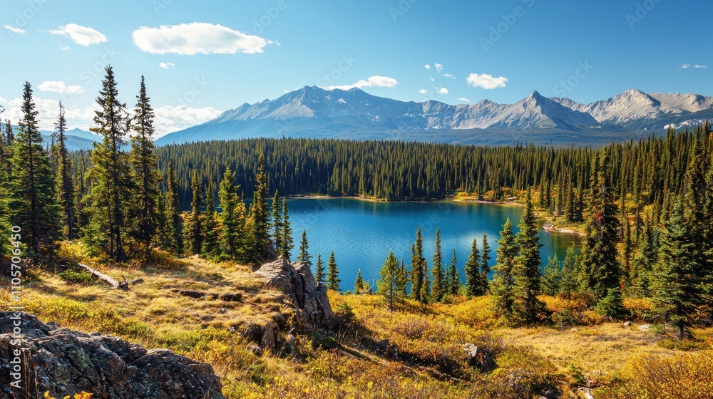 Fototapeta premium A breathtaking view of a pristine Canadian forest with mountains and a clear blue lake.