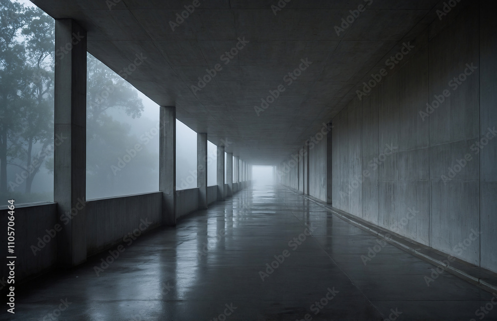 concrete corridor partially veiled in mist, with a faint glow in the distance concrete corridor partially veiled in mist, with a faint glow in the distance