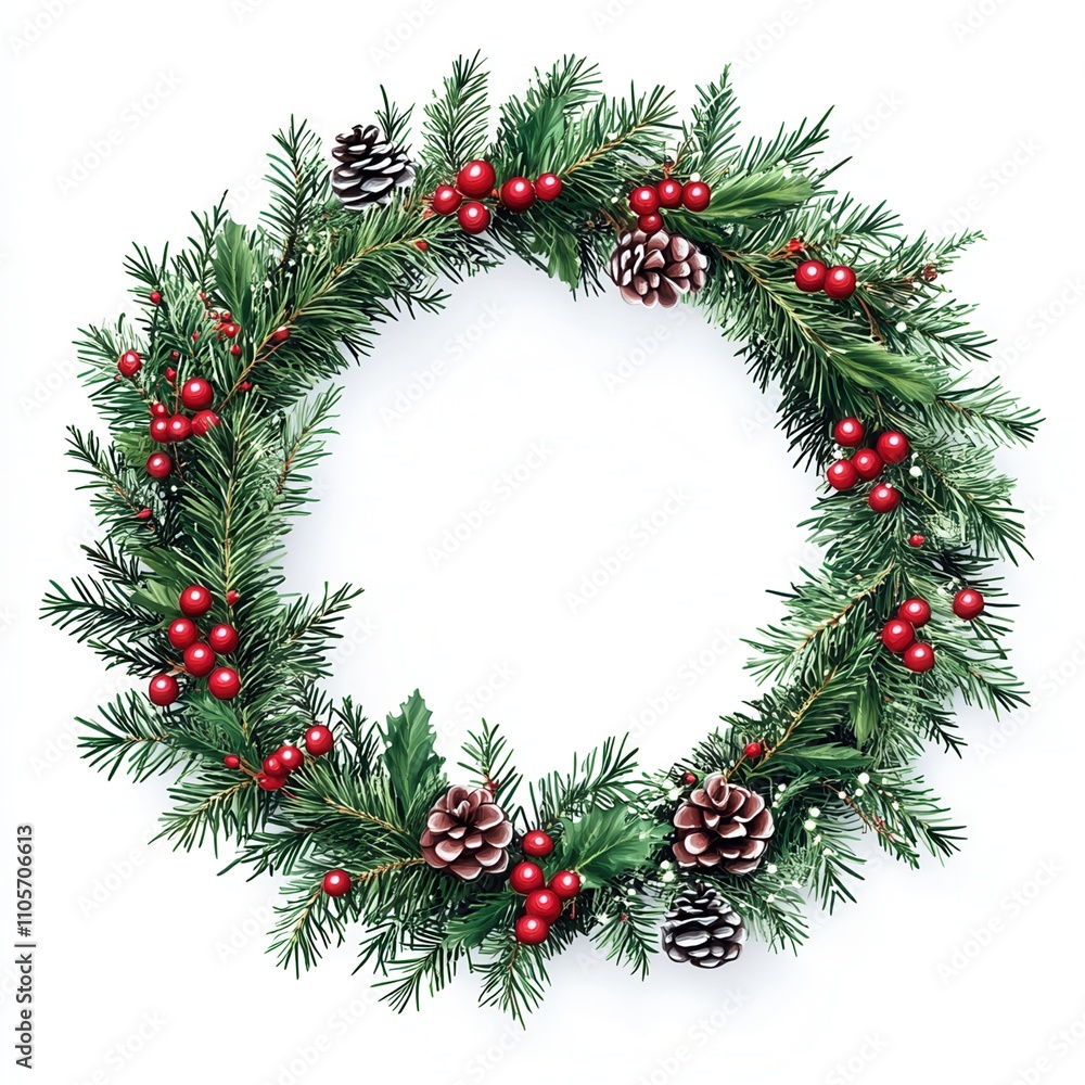 Festive wreath with pinecones and red berries on white background. Festive wreath with pinecones and red berries on white background.