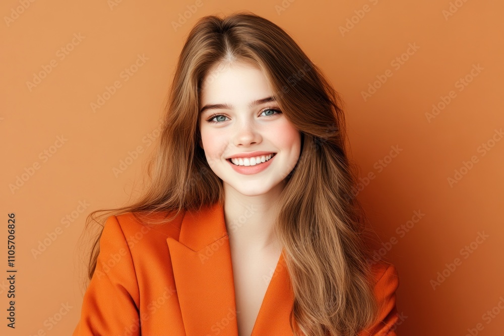 A smiling young woman with long hair, dressed in an orange blazer, poses against a matching orange background, exuding confidence and warmth. A smiling young woman with long hair, dressed in an orange blazer, poses against a matching orange background, exuding confidence and warmth.