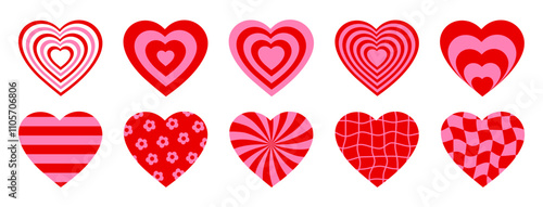 Vector set romantic hearts in pink and red colors. Retro background in style 70s, 80s. Concentric hearts isolated icons
