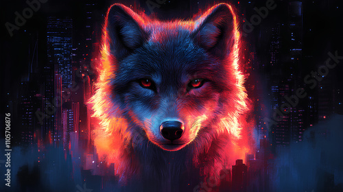 A stylized wolf with glowing fur against a cityscape background. photo