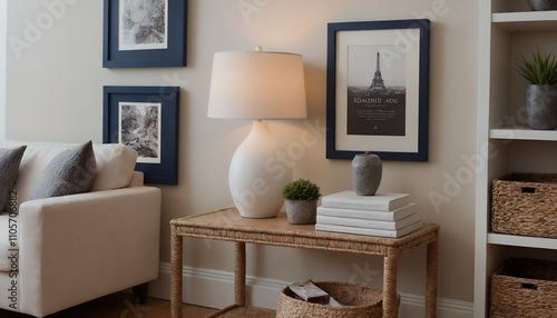 Fototapeta Naklejka Na Ścianę i Meble -  A modern living room with a sofa against a soft colour wall featuring vertical poster frames in wooden frame borders 3d illustration template