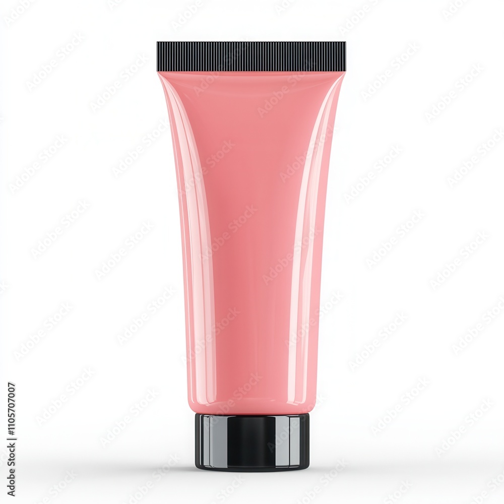 Pink cosmetic tube with black cap on a white background, isolated. Pink cosmetic tube with black cap on a white background, isolated.