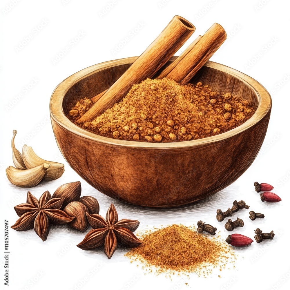 Wooden bowl filled with aromatic spices, including cinnamon sticks. Wooden bowl filled with aromatic spices, including cinnamon sticks.
