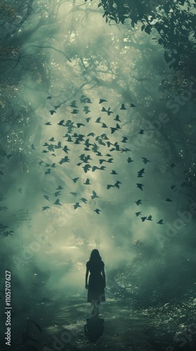 Serene silhouetted figure walks a solitary path through a mysterious misty forest landscape filled with flying birds and an enchanting ethereal atmosphere