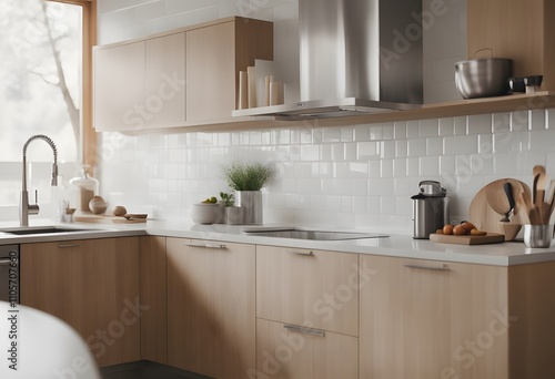Close-up of a modern kitchen counter in light tones, showcasing clean white countertops, a minimalist faucet, and sleek built-in appliances. 