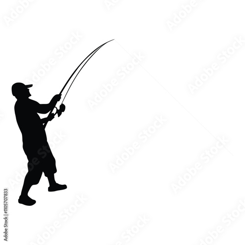 silhouette of a fisherman with a cap fishing with a fishing rod on a white background