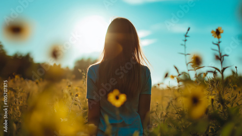 Solitude envelops a figure in a sunlit meadow, surrounded by yellow blooms and warm light, inviting a moment of reflection and peace in natures embrace.