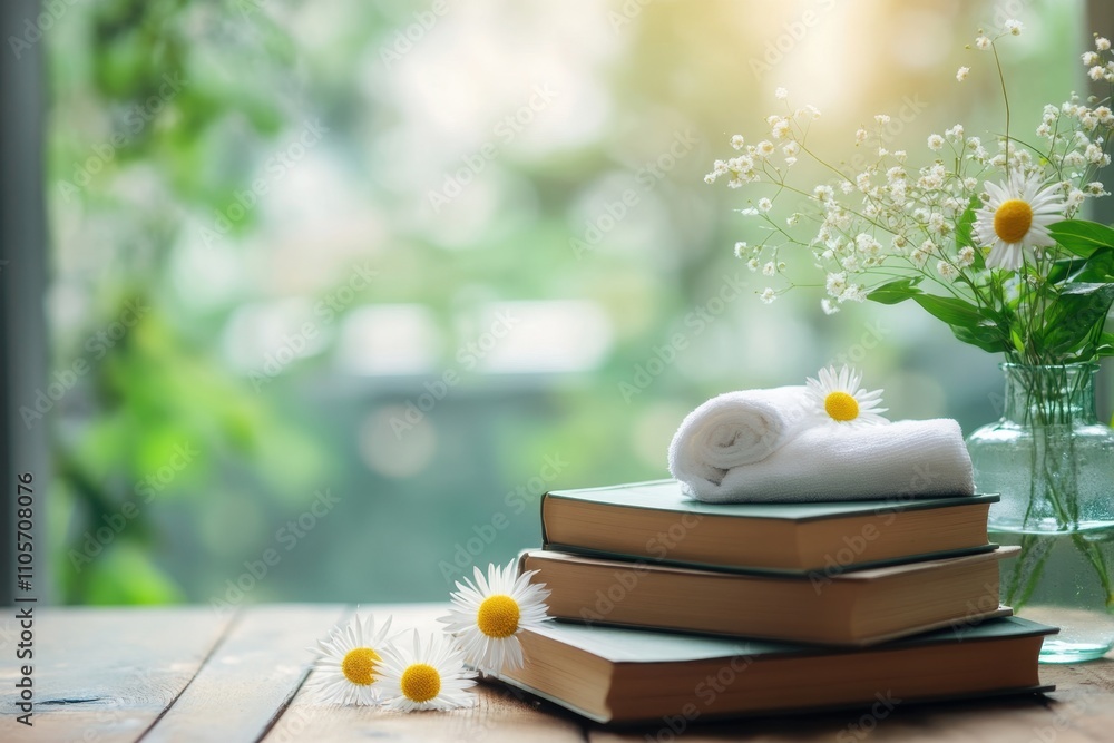 Cozy reading corner with stacked books, towels, and fresh flowers in a peaceful setting Cozy reading corner with stacked books, towels, and fresh flowers in a peaceful setting