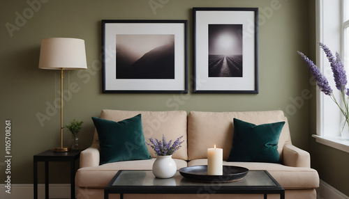 A modern living room with a sofa against a soft colour wall featuring vertical poster frames in wooden frame borders 3d illustration template