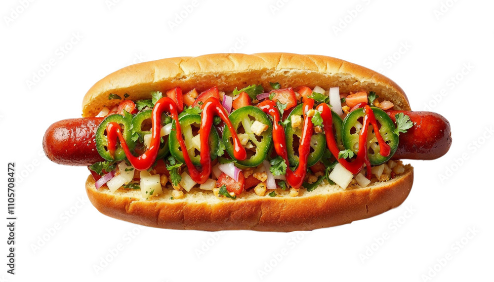 Spicy Hot Dog with Jalapenos and Fresh Vegetables on transparent Background Spicy Hot Dog with Jalapenos and Fresh Vegetables on transparent Background
