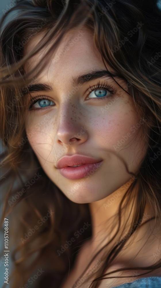 Closeup portrait of a captivating and charming young woman with flawless makeup hairstyle and natural skin The woman has stunning blue eyes and attractive features Closeup portrait of a captivating and charming young woman with flawless makeup hairstyle and natural skin The woman has stunning blue eyes and attractive features