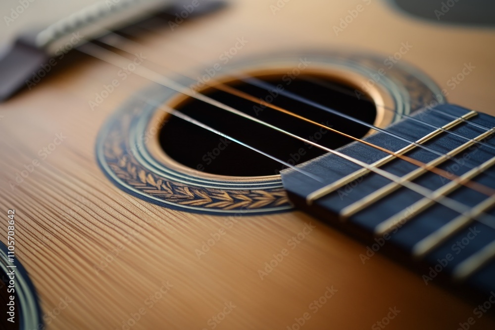 A detailed close-up of an acoustic guitar highlighting the strings and rosette pattern, emphasizing craftsmanship and color in modern musical artistry. A detailed close-up of an acoustic guitar highlighting the strings and rosette pattern, emphasizing craftsmanship and color in modern musical artistry.