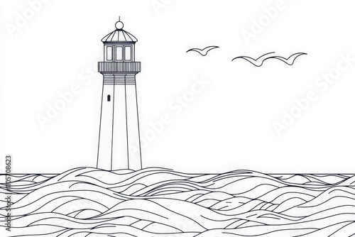 This black and white illustration depicts a lighthouse surrounded by waves and seagulls, offering a timeless reflection of coastal themes and maritime aesthetics. photo